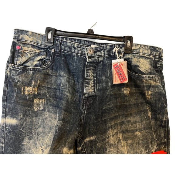 Staple Pigeon Jean Shorts Mens 40 Distressed Patches Blue Hand Sanding NEW - Picture 2 of 12
